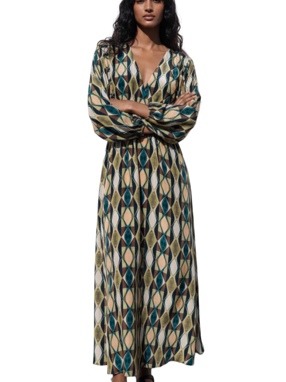 🟤🪴🔹Zara Multicolor Geometric Maxi Dress in‎ Teal, Navy & Cream🔹🪴🟤